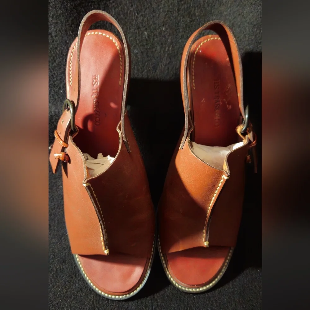 H.S. Trask Tahoe Brown Leather Peep-Toe Slingback Heel Sandals - Size 8.5W - Picture 2 of 10